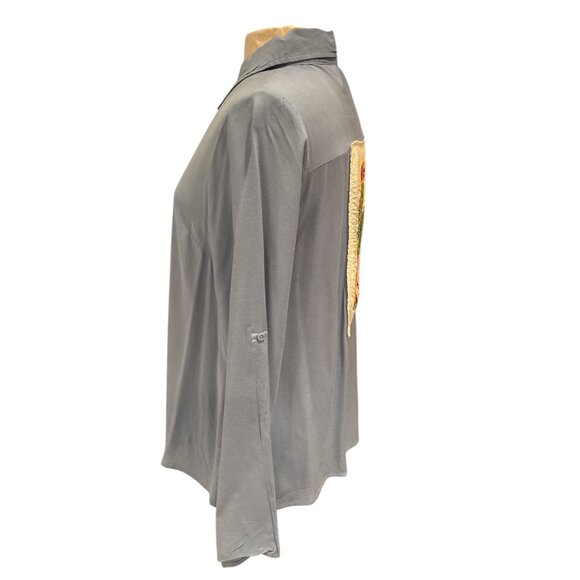 Andrée By Unit Womens Button-Up Shirt With Floral Embroidered Back Patch Long Sl - Picture 2 of 9